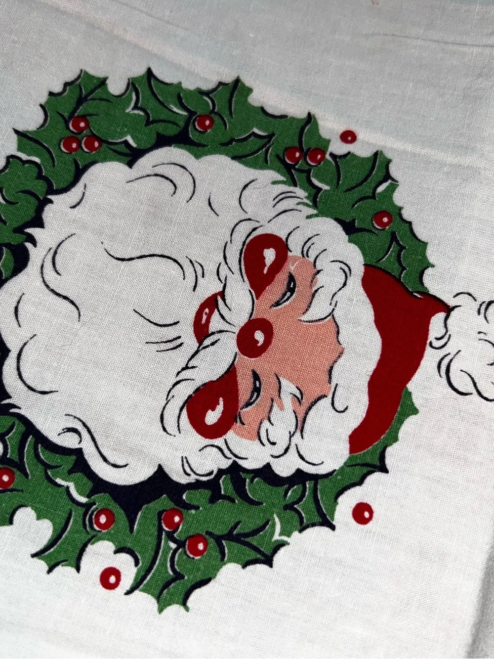 Holiday Santa Wreath Tablecloth - White with Red & Green